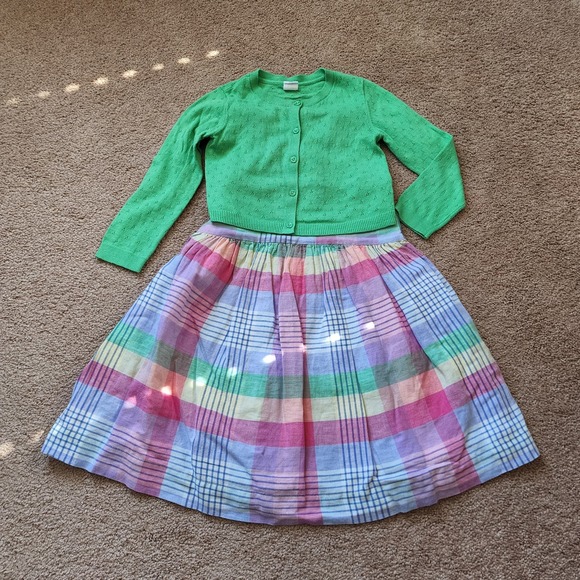 Gap Pastel Plaid Dress w/ Green Cardigan Sz 5
